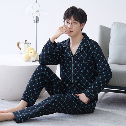 Men's cotton pajamas spring and fall models cardigan long-sleeved long pants suit teenage cotton home wear can be worn outside suit