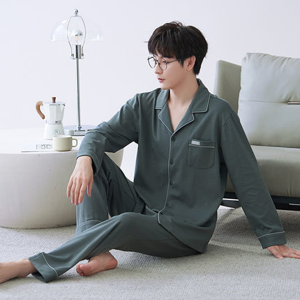 Men's cotton pajamas spring and fall models cardigan long-sleeved long pants suit teenage cotton home wear can be worn outside suit