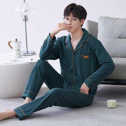 Men's cotton pajamas spring and fall models cardigan long-sleeved long pants suit teenage cotton home wear can be worn outside suit