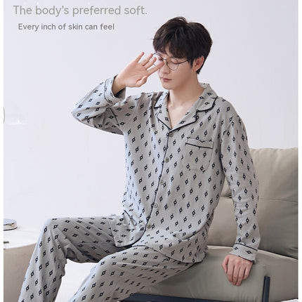 Men's cotton pajamas spring and fall models cardigan long-sleeved long pants suit teenage cotton home wear can be worn outside suit