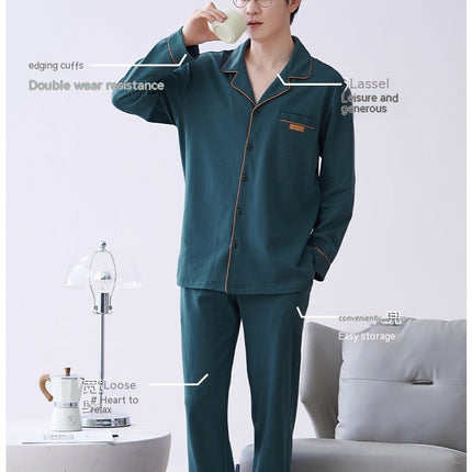 Men's cotton pajamas spring and fall models cardigan long-sleeved long pants suit teenage cotton home wear can be worn outside suit