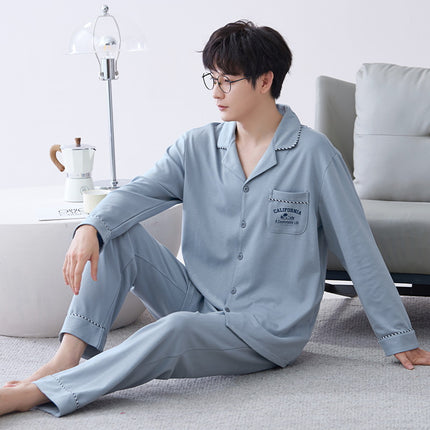 Men's cotton pajamas spring and fall models cardigan long-sleeved long pants suit teenage cotton home wear can be worn outside suit