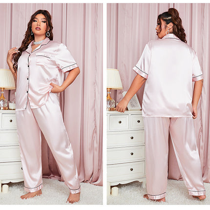 Women's loose pajamas set short-sleeved button down top with long pants two-piece pajamas casual wear suit