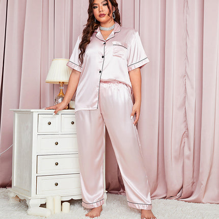 Women's loose pajamas set short-sleeved button down top with long pants two-piece pajamas casual wear suit