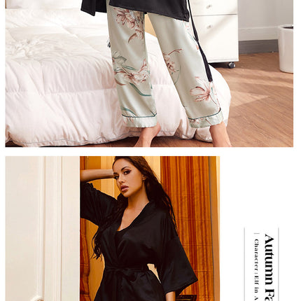 3 Piece Women's Satin Pajamas - Thin Nightgown Camisole Long Pants Loose Homewear Adult Suit Set