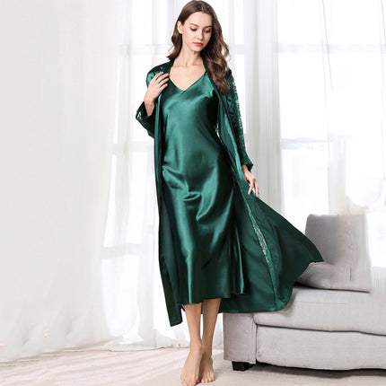 Women's pajamas simulation silk pajamas halter dress robe bathrobe two-piece set