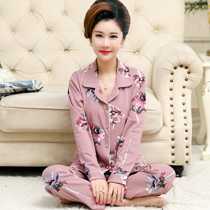 Autumn and winter women's printed models long-sleeved cotton cardigan loose set of pajamas