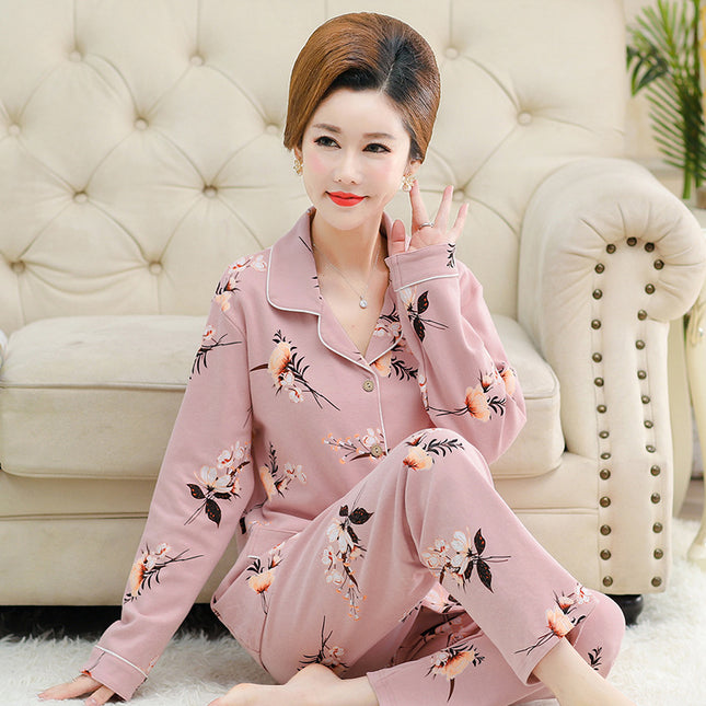 Autumn and winter women's printed models long-sleeved cotton cardigan loose set of pajamas