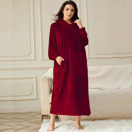 Womens Long Hooded Bathrobe Fleece Full Length Bathrobe with Hood Winter Sleepwear