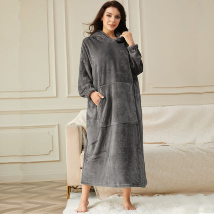 Womens Long Hooded Bathrobe Fleece Full Length Bathrobe with Hood Winter Sleepwear