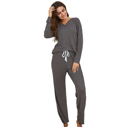 Women's spring and fall waffle pajamas set long-sleeved button up top bottom pants two-piece set