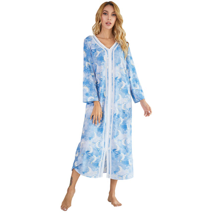 Autumn and Winter Women Woven Printed Long Sleeve Long Dresses Pullover Nightgowns for Women