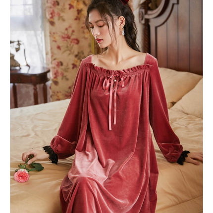 Spring and Autumn Palace Style Women's Long Sleeve Long Golden Velvet Warm Loose Pajama Dresses-A