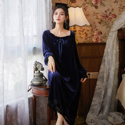 Spring and Autumn Palace Style Women's Long Sleeve Long Golden Velvet Warm Loose Pajama Dresses-A