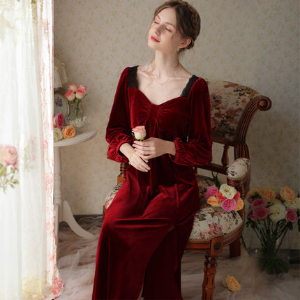 Spring and Autumn Palace Style Women's Long Sleeve Long Golden Velvet Warm Loose Pajama Dresses-B