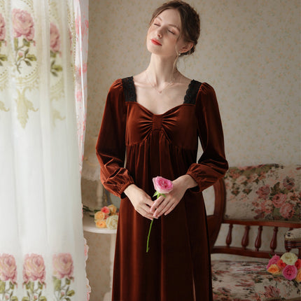 Spring and Autumn Palace Style Women's Long Sleeve Long Golden Velvet Warm Loose Pajama Dresses-B