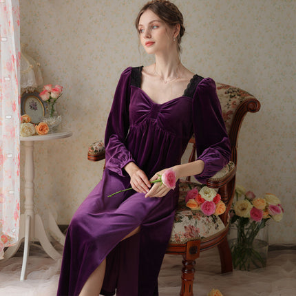 Spring and Autumn Palace Style Women's Long Sleeve Long Golden Velvet Warm Loose Pajama Dresses-B