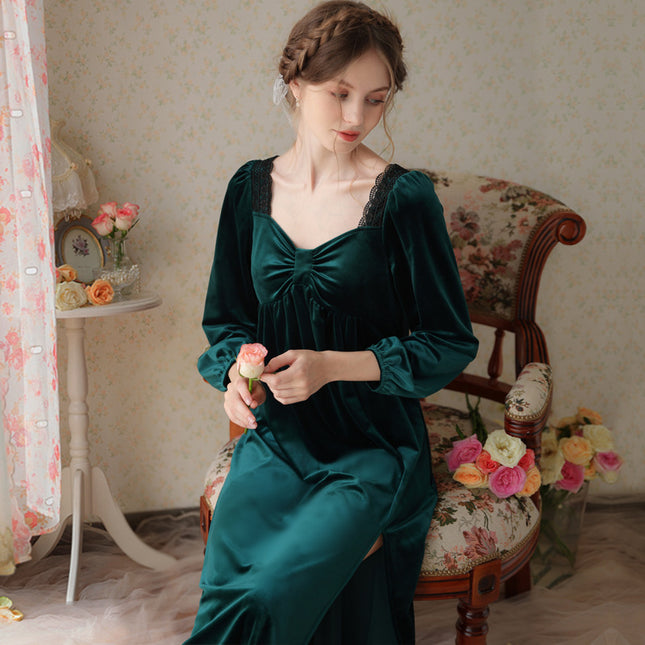 Spring and Autumn Palace Style Women's Long Sleeve Long Golden Velvet Warm Loose Pajama Dresses-B