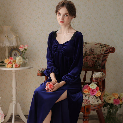 Spring and Autumn Palace Style Women's Long Sleeve Long Golden Velvet Warm Loose Pajama Dresses-B