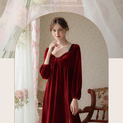 Spring and Autumn Palace Style Women's Long Sleeve Long Golden Velvet Warm Loose Pajama Dresses-B