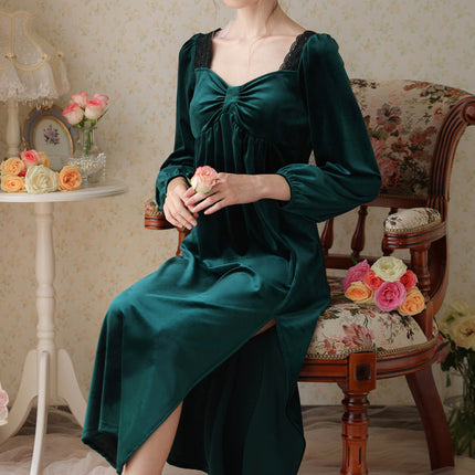 Spring and Autumn Palace Style Women's Long Sleeve Long Golden Velvet Warm Loose Pajama Dresses-B