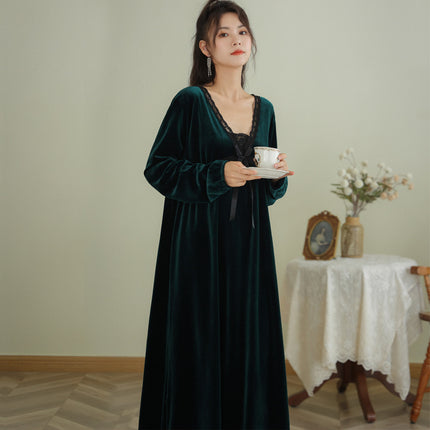 Spring and Autumn Palace Style Women's Long Sleeve Long Golden Velvet Warm Loose Pajama Dresses-C