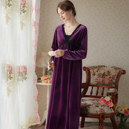 Spring and Autumn Palace Style Women's Long Sleeve Long Golden Velvet Warm Loose Pajama Dresses-C