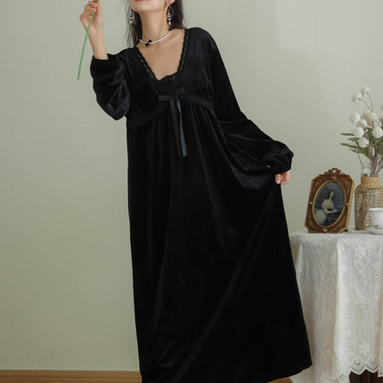 Spring and Autumn Palace Style Women's Long Sleeve Long Golden Velvet Warm Loose Pajama Dresses-C