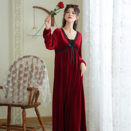 Spring and Autumn Palace Style Women's Long Sleeve Long Golden Velvet Warm Loose Pajama Dresses-C