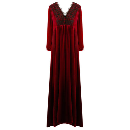 Spring and Autumn Palace Style Women's Long Sleeve Long Golden Velvet Warm Loose Pajama Dresses-D