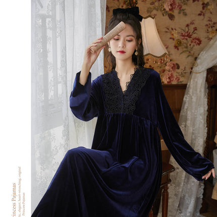 Spring and Autumn Palace Style Women's Long Sleeve Long Golden Velvet Warm Loose Pajama Dresses-D