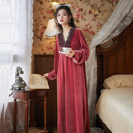 Spring and Autumn Palace Style Women's Long Sleeve Long Golden Velvet Warm Loose Pajama Dresses-D