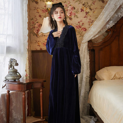 Spring and Autumn Palace Style Women's Long Sleeve Long Golden Velvet Warm Loose Pajama Dresses-D