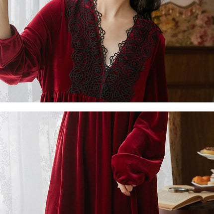 Spring and Autumn Palace Style Women's Long Sleeve Long Golden Velvet Warm Loose Pajama Dresses-D