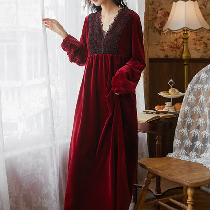 Spring and Autumn Palace Style Women's Long Sleeve Long Golden Velvet Warm Loose Pajama Dresses-D