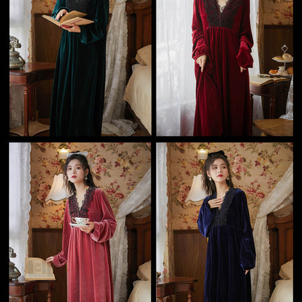 Spring and Autumn Palace Style Women's Long Sleeve Long Golden Velvet Warm Loose Pajama Dresses-D