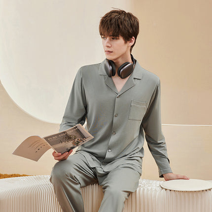 Men and women modal pajamas set long-sleeved buttons soft upper and lower body 2-piece set of modal homewear suit