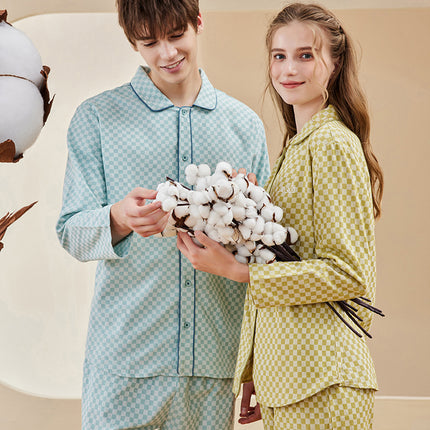 New Long Sleeved Pure Cotton Pajamas Man's and Women's Brushed Woven Plaid Pajamas Spring And Autumn Home Set