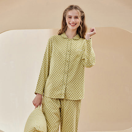 New Long Sleeved Pure Cotton Pajamas Man's and Women's Brushed Woven Plaid Pajamas Spring And Autumn Home Set