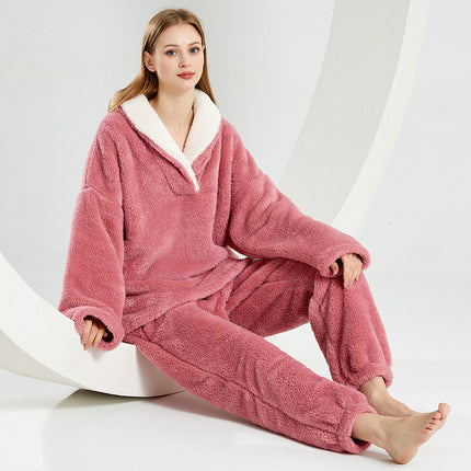 Coral velvet pajamas fluffy pajama set loose plush warm pajamas two-piece set-A