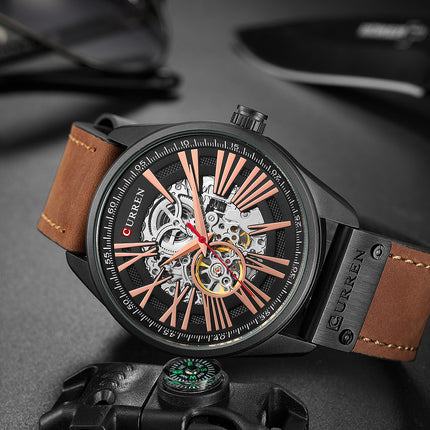 Mechanical Men's Automatic Watch Leather Strap Skeleton Dial Water and Scratch Resistant Stylish Watch for Men