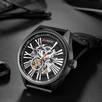 Mechanical Men's Automatic Watch Leather Strap Skeleton Dial Water and Scratch Resistant Stylish Watch for Men