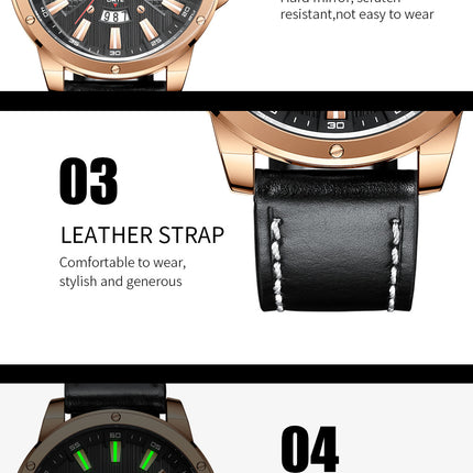 Men's Watches Waterproof Quartz Watches Fashion Leather Strap Wristwatch Business Calendar Watch for Men