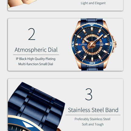 Men's Watches Waterproof Fashion Quartz Wristwatches Calendar With Stainless Steel Strap Business Watch for Men