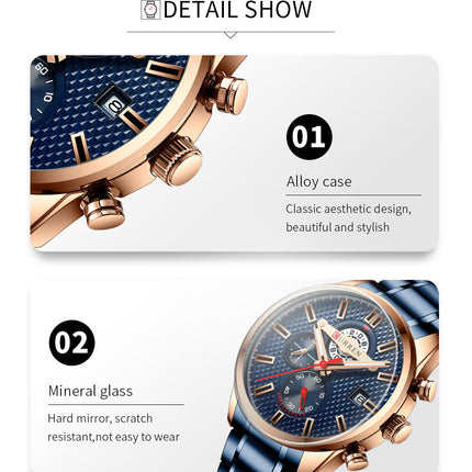 Men's Watches Stainless Steel Waterproof Analog Quartz Fashion Business Multifunction Calendar Business Watch for Men