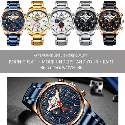 Men's Watches Stainless Steel Waterproof Analog Quartz Fashion Business Multifunction Calendar Business Watch for Men