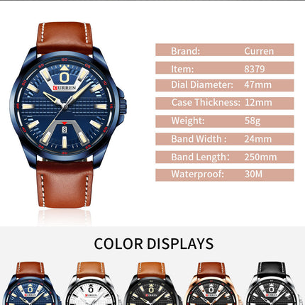 Men's Watches Fashion Waterproof Watch for Men Quartz Calendar With Genuine leather Strap Wristwatches