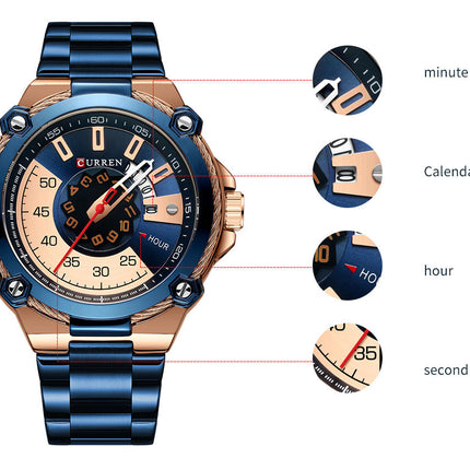 Men's Watches, Stainless Steel Strap Watch for Men Male Waterproof Quartz Calendar wristwatches-A2