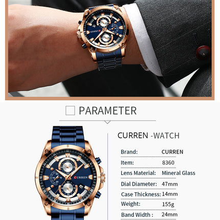 Men's Watches, Stainless Steel Strap Watch for Men Male Waterproof Quartz Business wristwatches-A3