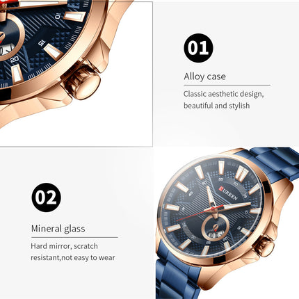 Men's Watches, Stainless Steel Strap Watch for Men Male Waterproof Quartz Calendar wristwatches-B3